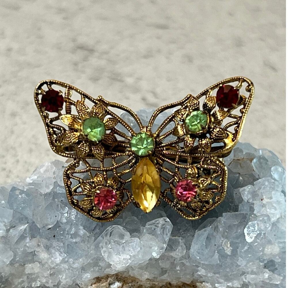Vintage Filigree Butterfly with multi rhinestone brooch gold tone green red